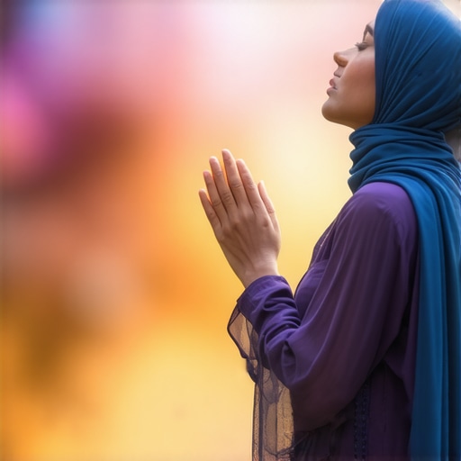Symbolic Dream Interpretation in Islam An artistic depiction of a woman praying with symbolic elements representing divine messages in an Islamic context