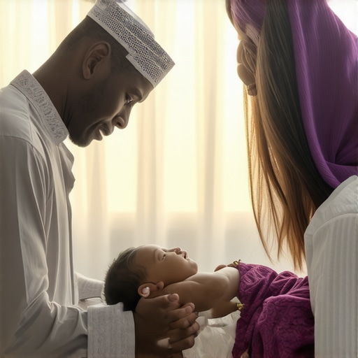 Celebration of Birth in Islamic Tradition Islamic family celebrating birth with spiritual symbols