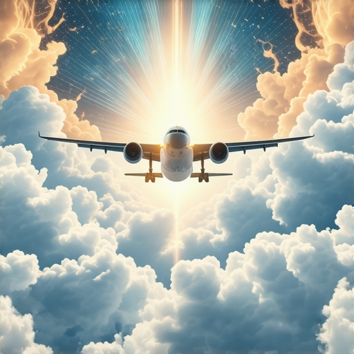 A plane soaring through clouds with divine symbols and glowing visa