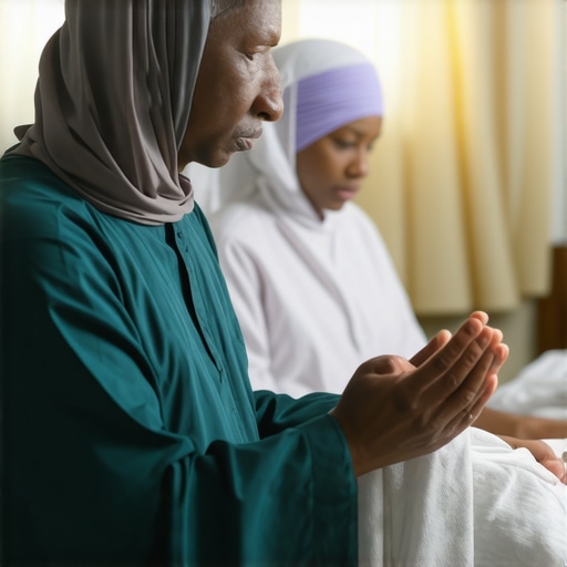 Family prayers during childbirth for divine protection Family reciting prayers during childbirth in a peaceful Islamic home setting