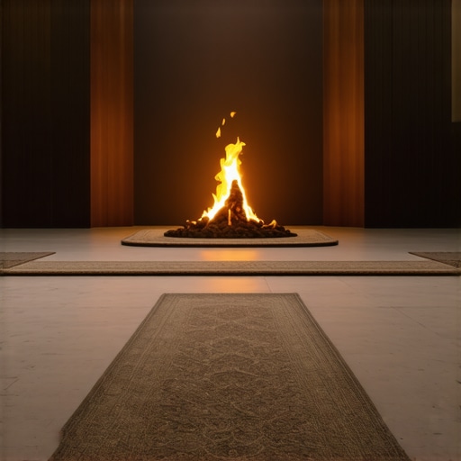 Islamic prayer and spiritual purification Prayer room with symbolic fire representing spiritual cleansing in Islam.