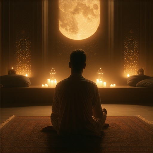 Meditative environment for spiritual dream interpretation A peaceful room with Islamic decor, person praying, and spiritual symbols, emphasizing contemplative atmosphere