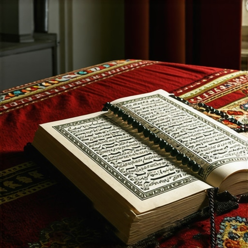 Islamic spiritual scene with Quran and prayer beads in a peaceful night setting