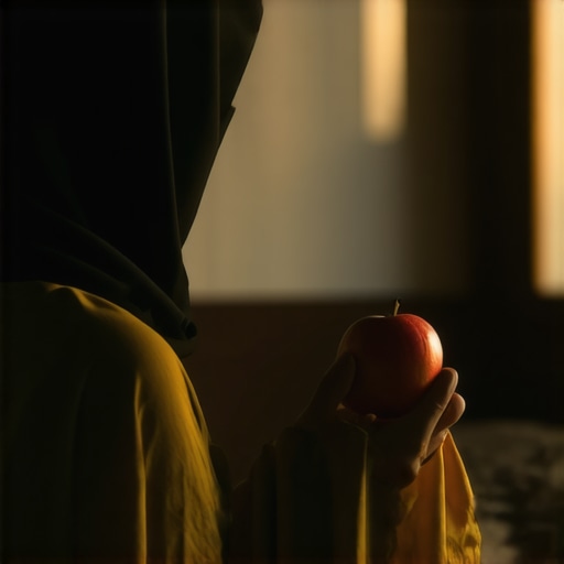 Symbolic Vision of Apple in Islamic Spirituality A person contemplating a ripe apple in a spiritual Islamic setting, symbolizing divine messages in dreams.