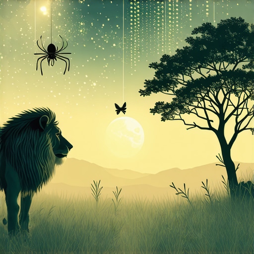 A mystical dream scene illustrating animals like lion and spider symbolizing divine messages in Islam