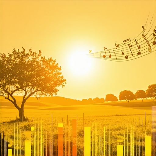 A summer scene with sun and floating musical notes representing spiritual harmony in Islam