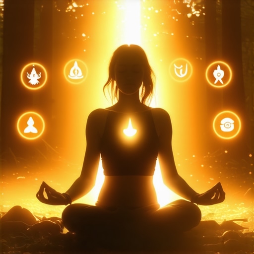 A person meditating surrounded by divine symbols, representing spiritual harmony and divine guidance.