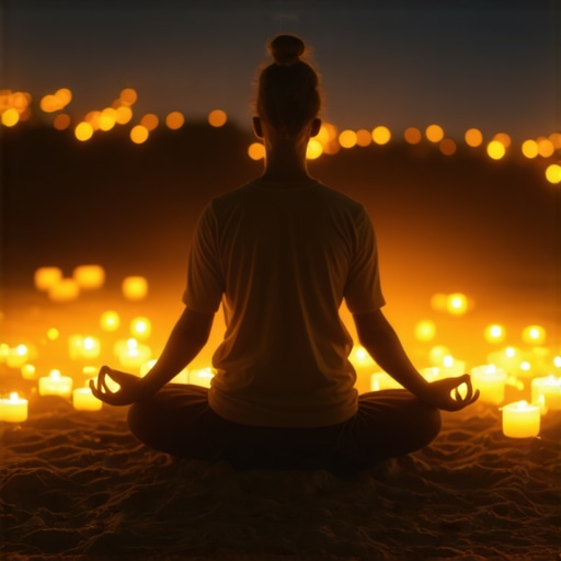 Person meditating at night with glowing symbols representing divine messages