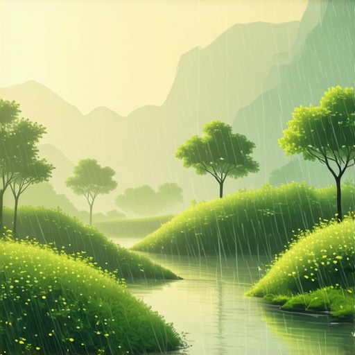 Islamic landscape with rain symbolizing spiritual purification and blessings