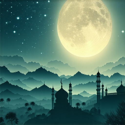 A peaceful night scene with Islamic symbols representing prosperity and spiritual balance.