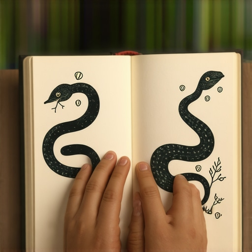 Persoană care analizează un jurnal de vise cu simboluri de șarpe și elemente spirituale